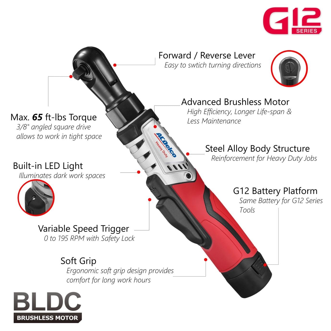 ACDelco G12 Series 2 Tool Combo Kit 3 8 in. Brushless Ratchet